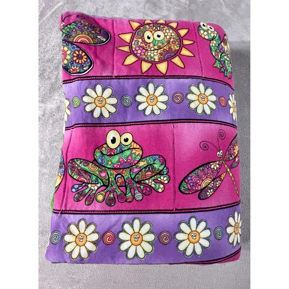 Handmade Quilt Kids 41x31 Green Pink Double Sided Frog Turtle Dragonfly Boho